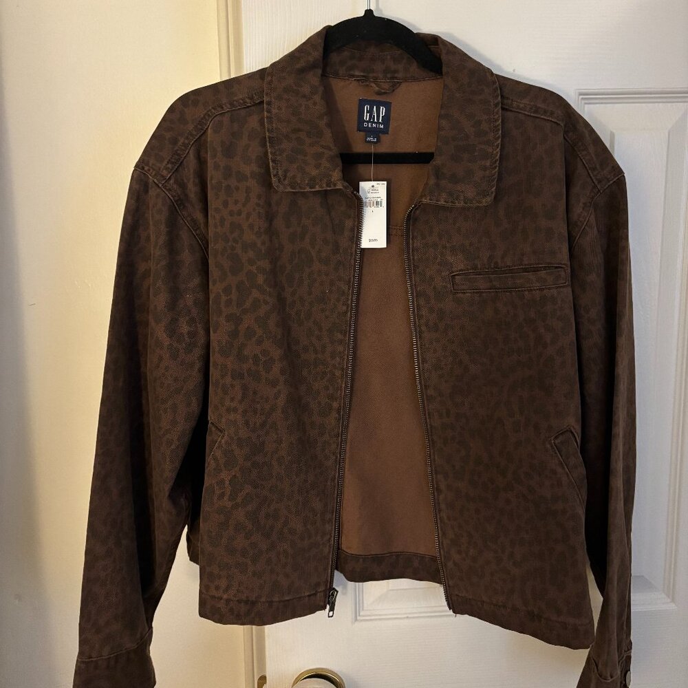 Gap Leopard Print Cropped Print Denim Chore Jacket